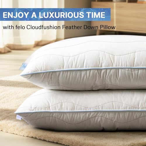 felo Feather Down Pillow Queen Size, CloudFusion Goose Down Pillow for Sleeping, Hotel Collection Bed Pillow for Side Back Pain Sleepers (20" x 30")