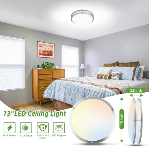 Hlite 36W 13inch LED Flush Mount Ceiling Light Fixture,2800LM Dimmable Light Fixtures Ceiling Mount 5000K/4000K/3500K/3000K/2700K LED Ceiling Light Flush Mount for Bedroom,Kitchen,Hallway (1Pack)