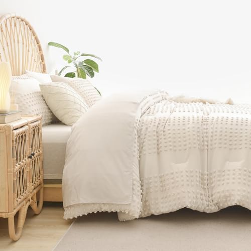 Litanika Emerald Green Comforter Queen Size, Boho Tufted Comforter with Dark Green Jacquard Pom Design, Dots Shabby Chic Bed Set, Lightweight 3 Pieces Bedding for All Season(90x90 Inches)