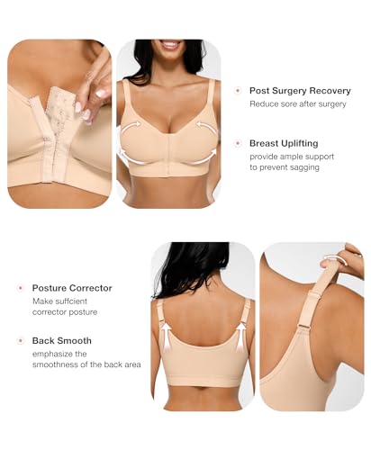 FeelinGirl Post Mastectomy Surgery Compression Minimizer Bra for Women Plus Size Front Closure Surgical Beige S