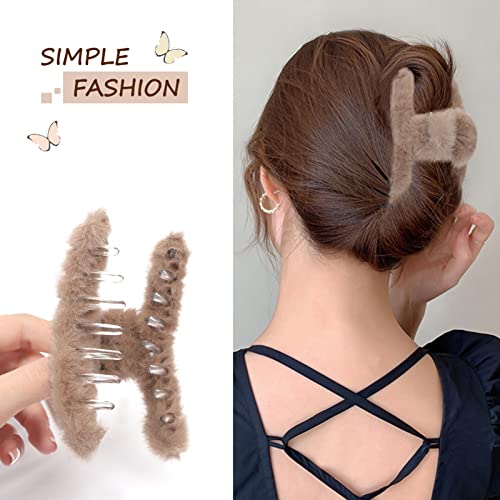 Unaone 4 PCS Hair Claw Clips for Women, Plush Hair Clips Strong Hold Non-Slip Hair Barrettes for Thick Thin Long Hair, Cute Claw Clips Hair Accessories for Girls (Black, Blue, Coffee, Beige)
