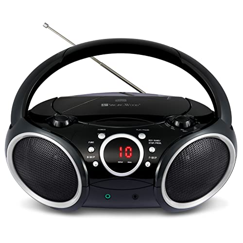 SINGING WOOD 030C Portable CD Player Boombox AM FM Analog Tuning Radio, Aux Line in, Headphone Jack, Foldable Carrying Handle (Black with a Touch of Grey Rims)
