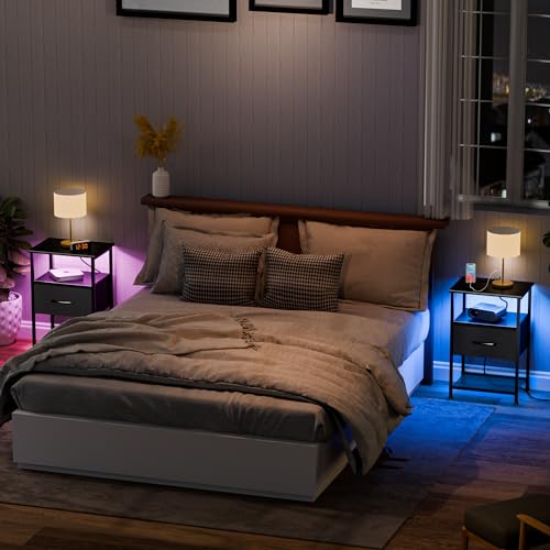 LAKEMID Nightstands Set of 2 with Charging Station and Drawer, End Table Bedside Table with 20 Colors LED Light Strip and 2 Layers Shelf for Bedroom Living Room Sofa Couch (Black)