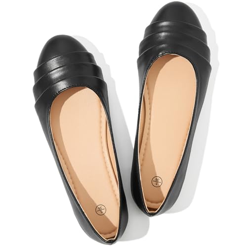 Shupua Flats for Women Dressy Comfortable Flats Shoes Womens Black Flats Leather Work Ballet Flats Round Toe Dress Shoes(Black.us5)