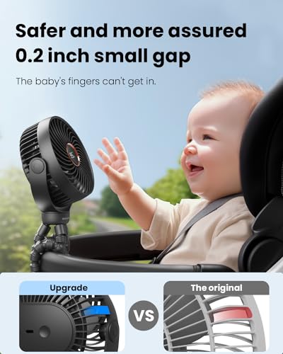SHEWIND Stroller Fan, LED Light Portable Fan, 3600mAh Battery Operated Small Clip on Fan, 4 Speed Rechargeable Mini Personal Fan Cooling Travel Fan For Car Seat Crib Treadmill (Black)