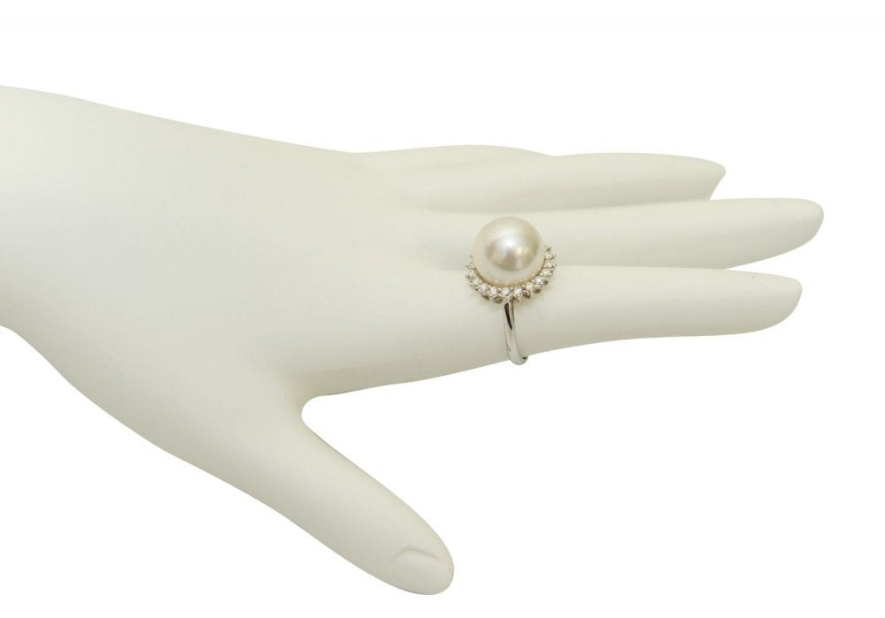 The Pearl Source 18K Gold 12-13mm Round Genuine White South Sea Cultured Pearl & Diamond Sage Ring for Women