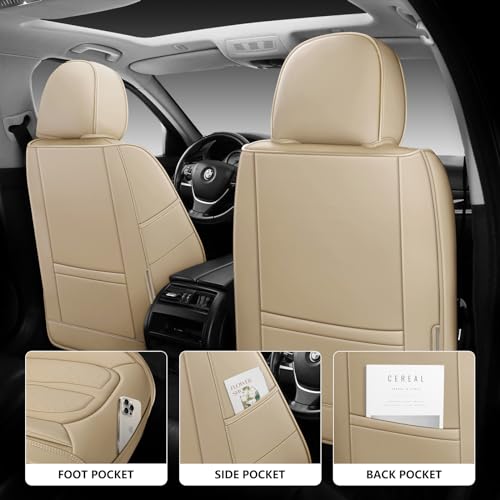 GEEMAYTEK Car Seat Cover Front Seat, Leather Seat Cover for Cars, 2Pcs Waterproof Beige Seat Cover Car Seat Protector Cushions Universal Fit for Most Cars & SUV Trucks