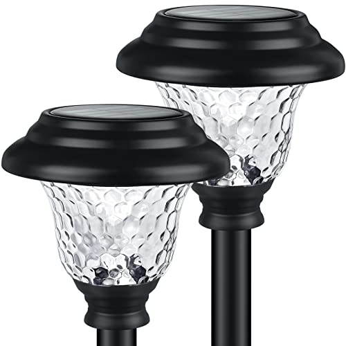 Balhvit Glass Solar Lights Outdoor, 2 Pack Super Bright Solar Pathway Lights, Up to 12 Hrs Long Last Auto On/Off Garden Lights Solar Powered Waterproof, Stainless Steel LED Landscape Lighting for Yard