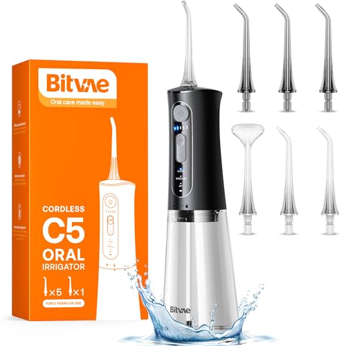 Bitvae C5 Water Dental Flosser for Teeth, Cordless Water Teeth Cleaner Picks, 3 Modes 5 Intensities, IPX7 Waterproof Water Flosser, 5 Tips Rechargeable Water Dental Picks for Cleaning - Black