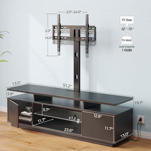 Rolanstar TV Stand with Mount and Power Outlet 51.2", Swivel TV Stand Mount for 32/45/55/60/65/70 inch TVs, Height Adjustable Modern Entertainment Center with Storage & LED Lights, TV Table Black