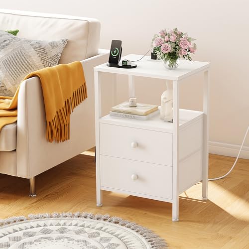 KAI-ROAD Black Night Stand with Charging Station and USB Ports, Small Nightstand with Drawers and Shelf Storage End Table for Bedroom, Dorm, Modern Bedside Table