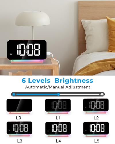 SZELAM Alarm Clock for Bedroom,7.4" Mirror Digital Clocks Large Display,with RGB Night Light, USB C Charger Port,Auto Dimming,LED Desk Clock for Kid Teen Girl Adults Room - Pink