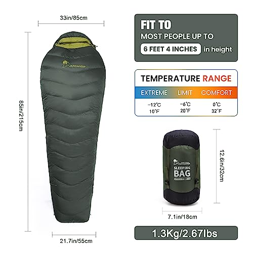 MOUNTAINTOP Down Fill Sleeping Bag for Adults Ultralight Backpacking Sleeping Bag Comfort with Compression Sack - 4 Seasons for Camping Hiking Traveling