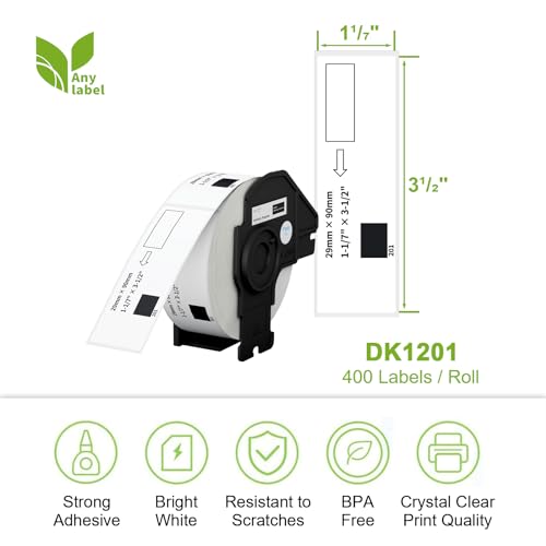 Anylabel - Compatible Standard Address Labels Replacement for Brother DK-1201 (1.1" X 3.5ā), Use with Brother QL Label Printers (12 Rolls + 1 Reusable Cartridge, 400 Labels/Roll)