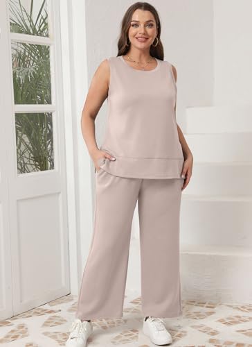 XIEERDUO Two Piece Summer Outfits for Women Sleeveless Wide Leg Tracksuit Travel Sweatsuit Airport Loungewear Spring Lounge Set Baggy Comfy S