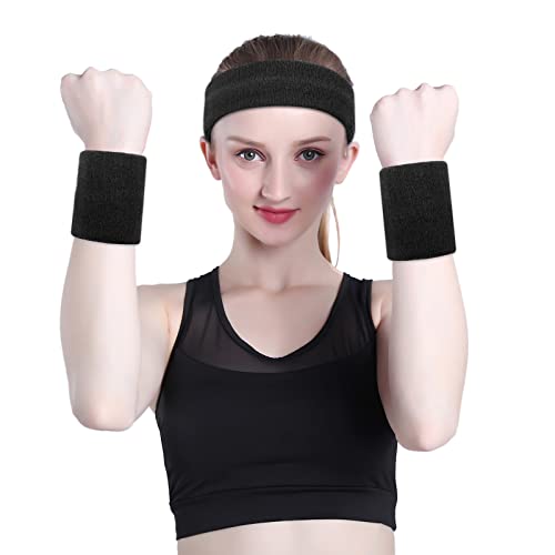 ONUPGO Sweatband Set Sports Headband Wrist Striped Sweatbands Terry Cloth Wristband Athletic Exercise Basketball Wrist Sweatband and Headbands Moisture Wicking Sweat Absorbing Head Band
