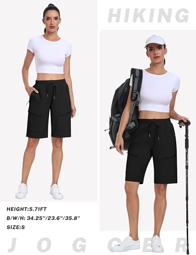 MoFiz Hiking Shorts Womens Quick Dry Lightweight Long Hiking Shorts for Women Knee Length for Camping Travel Golf with Zipper Pockets Black Small
