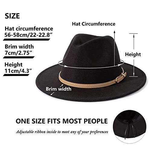 Lisianthus Women Classic Felt Fedora Wide Brim Hat with Belt Buckle Brown Belt-Black