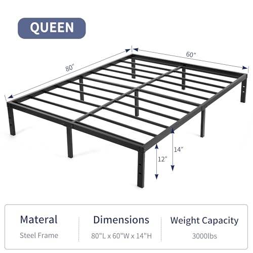 NOAH MEGATRON Queen Bed Frame No Box Spring Needed Heavy Duty Platform Mattress Foundation 14 Inch Under Storage Noise Free Easy Assembly Bed Frame Queen
