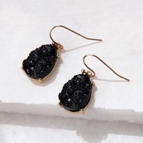 Gold and Black Earrings for Women Dangle - Black and Gold Earrings for Women, Black Dangle Earrings for Women Black Sparkly Earrings, Long Black Drop Earrings, Teardrop Simulated Black Druzy Earrings