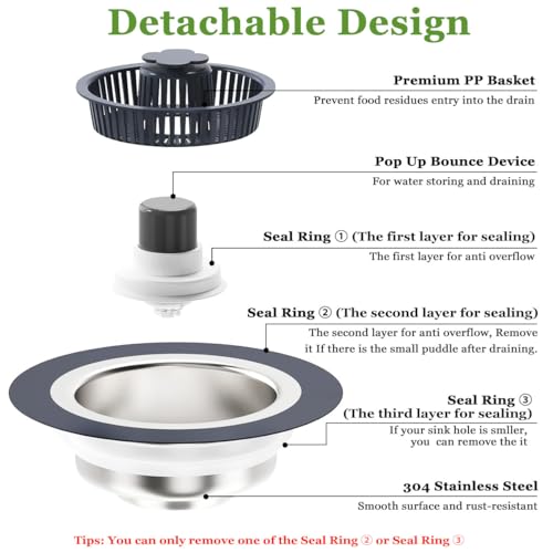 WSYLEN 3 in 1 Kitchen Sink Drain Strainer and Stopper Combo, Stainless Steel Pop Up Kitchen Sink Stopper, Sink Drain Strainer for Standard 3-1/2 Inch Drain