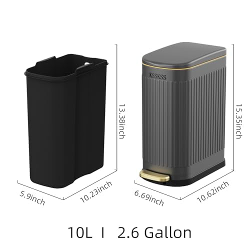 KSSKSS 2.6 Gallon Slim Bathroom Trash Can with Soft Close Lid, 10L Stainless Steel Garbage Can with Removable Liner Bucket, for Narrow Spaces, Bathroom, Bedroom (Matt Black)