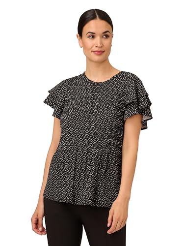 Adrianna Papell Women's Pleated Knit Double Sleeve TOP, Ivory/Black Micro Dot, Medium