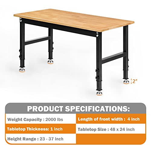 Betterhood 60" Adjustable Workbench for Garage, Rubber Wood Heavy Duty Workstation with Power Outlets & Wheels, 2000 LBS Load Capacity Hardwood Worktable for Workshop, Garage, Office, Home, Commercial