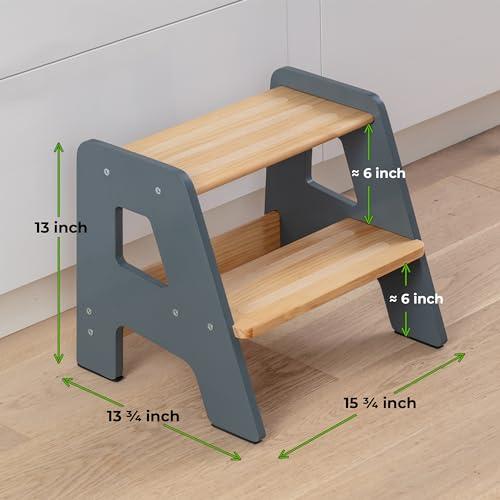 Wooden Step Stools for Kids - Sturdy, Non-Slip, Non-Tip Toddler Step Stool for Bathroom Sink for Your Little Girl or Boy - Gray