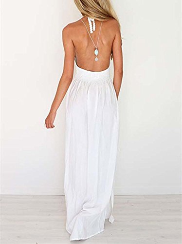 LILBETTER Women's Beach Crochet Backless Bohemian Halter Maxi Long Dress (White,X-Small)