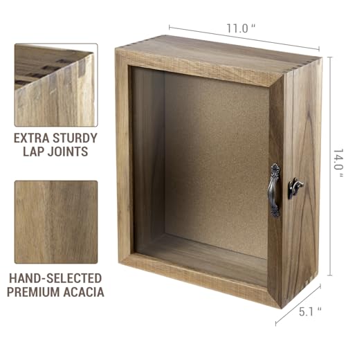 MyGift 11x14 Natural Solid Acacia Wood Deep Shadow Box with Cork Board Backing, Wall Mounted Display Case with Clear Acrylic Front Window Panel, Metal Handle and Latch