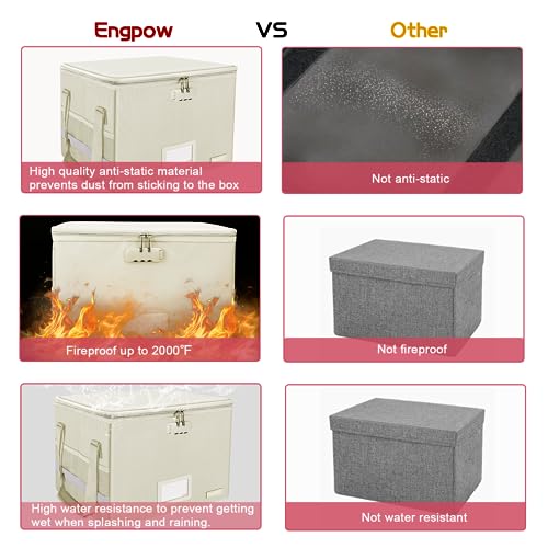 ENGPOW File Box with Lock, Fireproof Document Box with Zipper Lid,Collapsible File Storage Organizer Box Filing Box with Handle,Portable Home Office Safe Box for Hanging Letter/Legal Folder,Beige