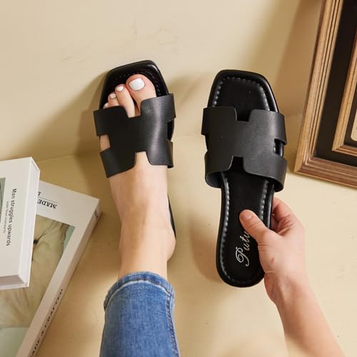 Putu Women's Flat Sandals Summer Sandals Cute Slide Sandals Black 6