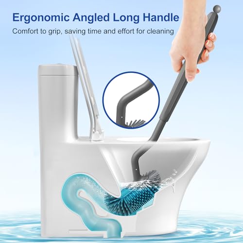 HAMITOR Toilet Bowl Brush Holder Set: Deep Cleaning Silicone Toilet Cleaner Scrubber Under Rim with Curved Bristle for Bathroom Dead Corner Clean - Modern Rv Toilet Decorative Accessories - Gray