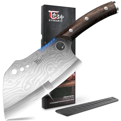 SYOKAMI Meat Cleaver Chef Knife, 7.7 Inch Multifunction Butcher Knife with Herb Stripper and Sheath, Chinese Cleaver Heavy Duty Bone Chopper, Meat Cutting, Damascus Pattern Full Tang Wood Handle