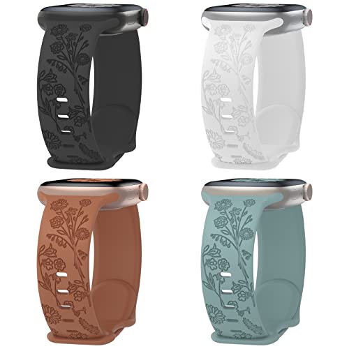 Keebowz 4 Pack Flower Engraved Silicone Band Compatible with Apple Watch Band 38mm 40mm 41mm 42mm 44mm 45mm 49mm, Women Soft Floral Strap Sport Wristbands for iWatch Series 9/8/7/6/5/4/3/2/1/SE/Ultra