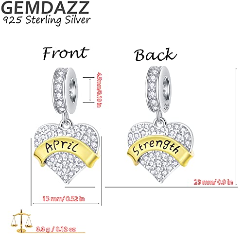 April Birthstone is Strength Heart Charms, fits Pandora First Mothers Day Necklace Bracelet, 925 Sterling Silver Clear CZ Pendant Beads, Gift for Easter/Friend/Mom/Birthday