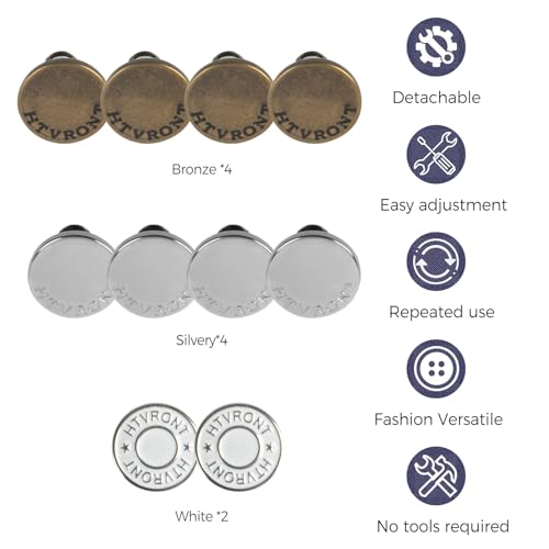 HTVRONT 10 Sets Jean Buttons for Loose Jeans - No Sew Jean Buttons Replacement, Adjustable Instant Button Pins for Jeans Waist Tightener No Tools Required