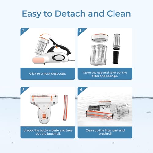 JIGOO Bed Vacuum Cleaner with Dust Sensor, Mattress Vacuum Cleaner with UV & Ultrasonic and High Heating, 13Kpa Suction 500W Powerful Double-Cup Handheld Vacuum(J300, Corded)