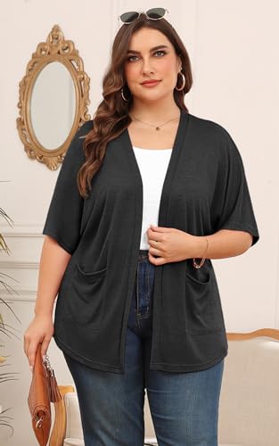 Veryoung Womens Plus Size Short Sleeve Kimono Cardigans Lightweight Summer Cardigan Casual Loose Beach Cover Up Curved Hem with Pockets,Mint_Green,3XL