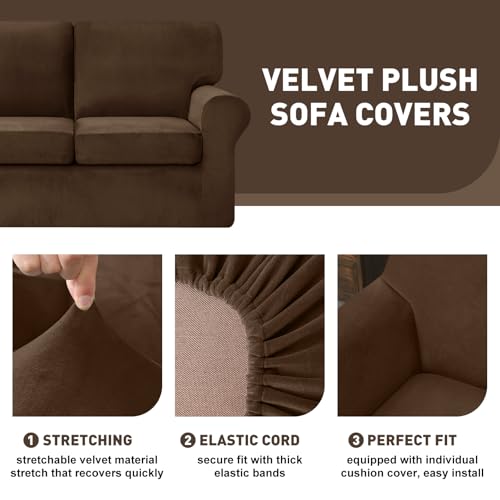 vctops 3 Pieces Velvet Stretch Armchair Sofa Cover for 1 Seater Couch Soft Washable Sofa Slipcover with Individual Backrest and Cushion Cover for Kids Cats Dogs (Dark Coffee,1 Seat)