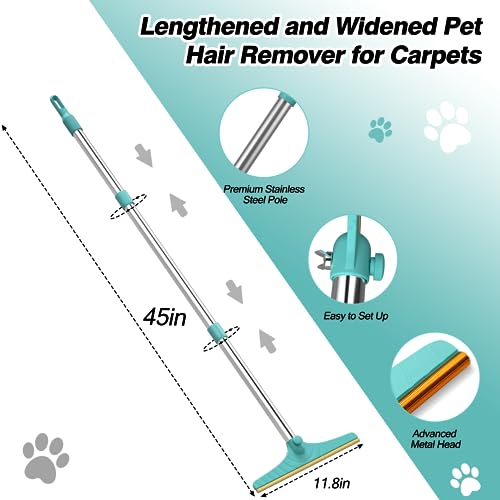 Carpet Rake for Pet Hair Removal, Reusable Cat Dog Hair Remover with 45’’ Long Handle Advanced Lint Remover Scraper for Carpets, Rugs, Mats, Couch