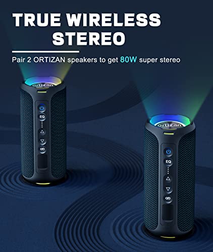 Ortizan Bluetooth Speakers, 40W Loud Portable Wireless Speaker, IPX7 Waterproof Shower Speakers with Bluetooth 5.3, Deep Bass, LED Lights, Stereo Pairing for Home/Party/Outdoor/Beach, Gift Ideas