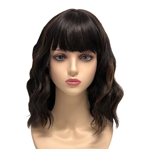Romantic Angels Blonde Wavy Bob Wig with Bangs Synthetic Shoulder Length Wigs for Women Medium Length Hair Wig for Women