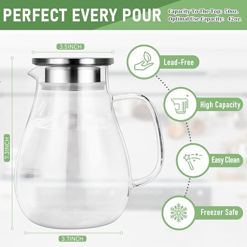 SUSTEAS Glass Pitcher,1.5liter Glass Pitcher With Lid, Carafes and Pitchers, Iced Tea Pitcher, Water Carafe With Handle, Heat Resistant Borosilicate Glass Jug, Beverage Pitcher, Milk Jug With Brush