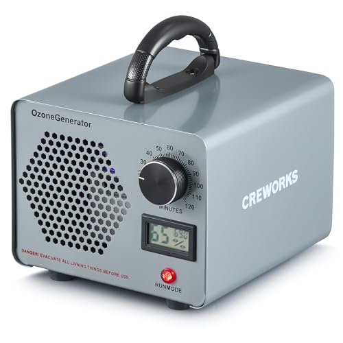 CREWORKS Ozone Generator, 5000 mg/h High Capacity Ozone Machine for Car Home Smoke Pet Odor Removal, Commercial Ozone Odor Eliminator Air Purifier with Timer Display for 3200 sq ft Room, Silver