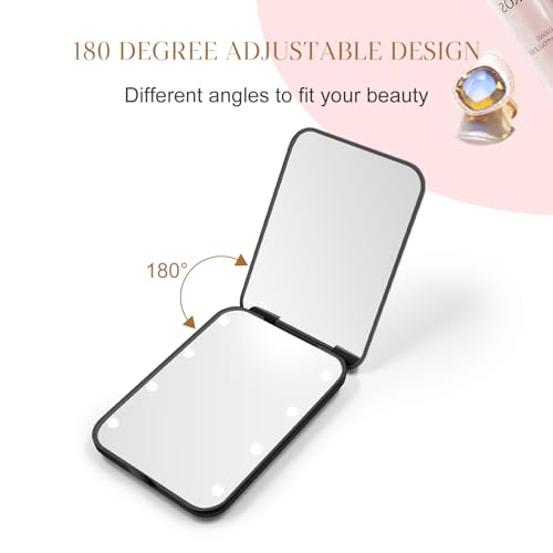 Kakuje Travel Mirror with Light, 1X/3X Magnification LED Compact Mirror with Nternal BIattery, Black Mini Mirror for Purse, Pocket,Travel and Present