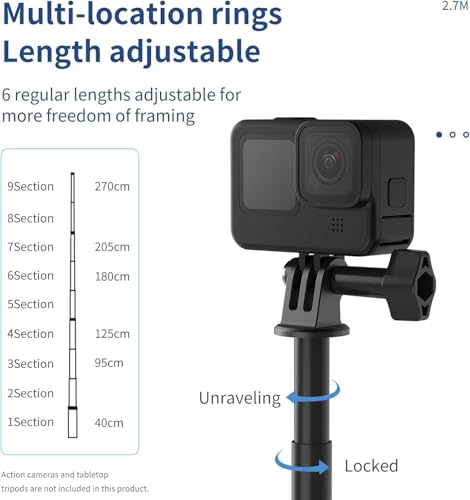 Long Selfie Stick Pole (106"), Extension Carbon Fiber Waterproof Dive Monopod for GoPro Max Go Pro 13 12 11 10 9 8 7,Insta360 X3 X4 Go 3 Ace Pro,DJI Action 4 5 Osmo Pocket 3 Bike Motorcycle Accessory