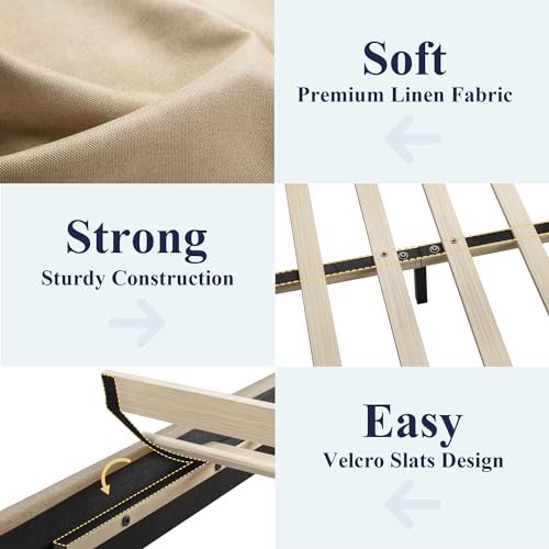 Allewie Full Size Bed Frame with Adjustable Headboard, Upholstered Platform Bed with Wood Slats, Heavy Duty Mattress Foundation, No Box Spring Needed, Noise-Free, Easy Assembly, Beige