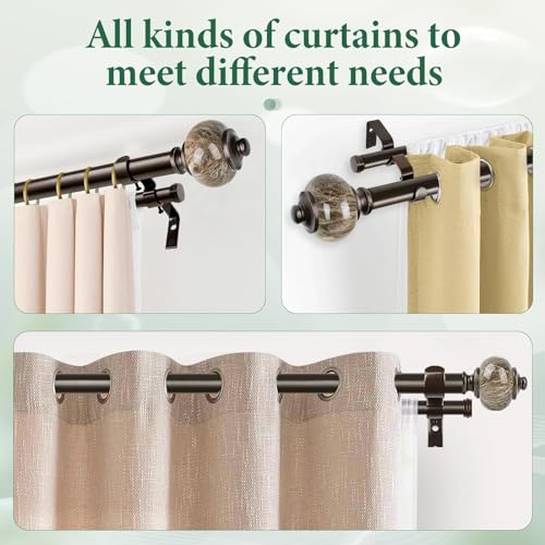 KAMANINA 1 Inch Double Curtain Rod 36 to 72 Inches (3-6ft) Bronze Telescoping Curtain Rods for Windows, Heavy Duty Dual Drapery Rods with Marbled Finials